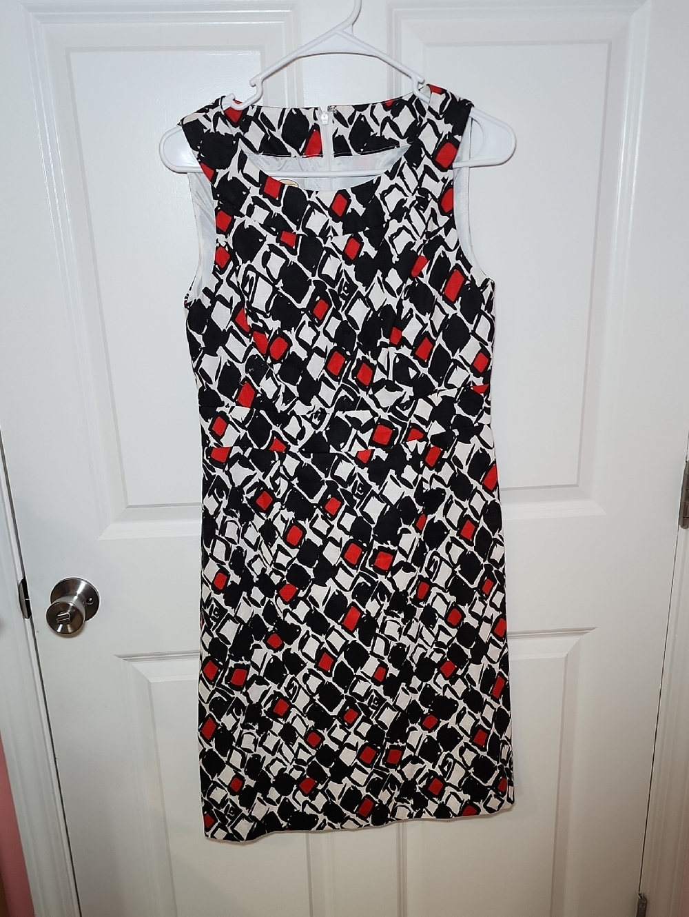 100% Linen Talbots Black, White & Red Geometric Sleeveless Midi Dress